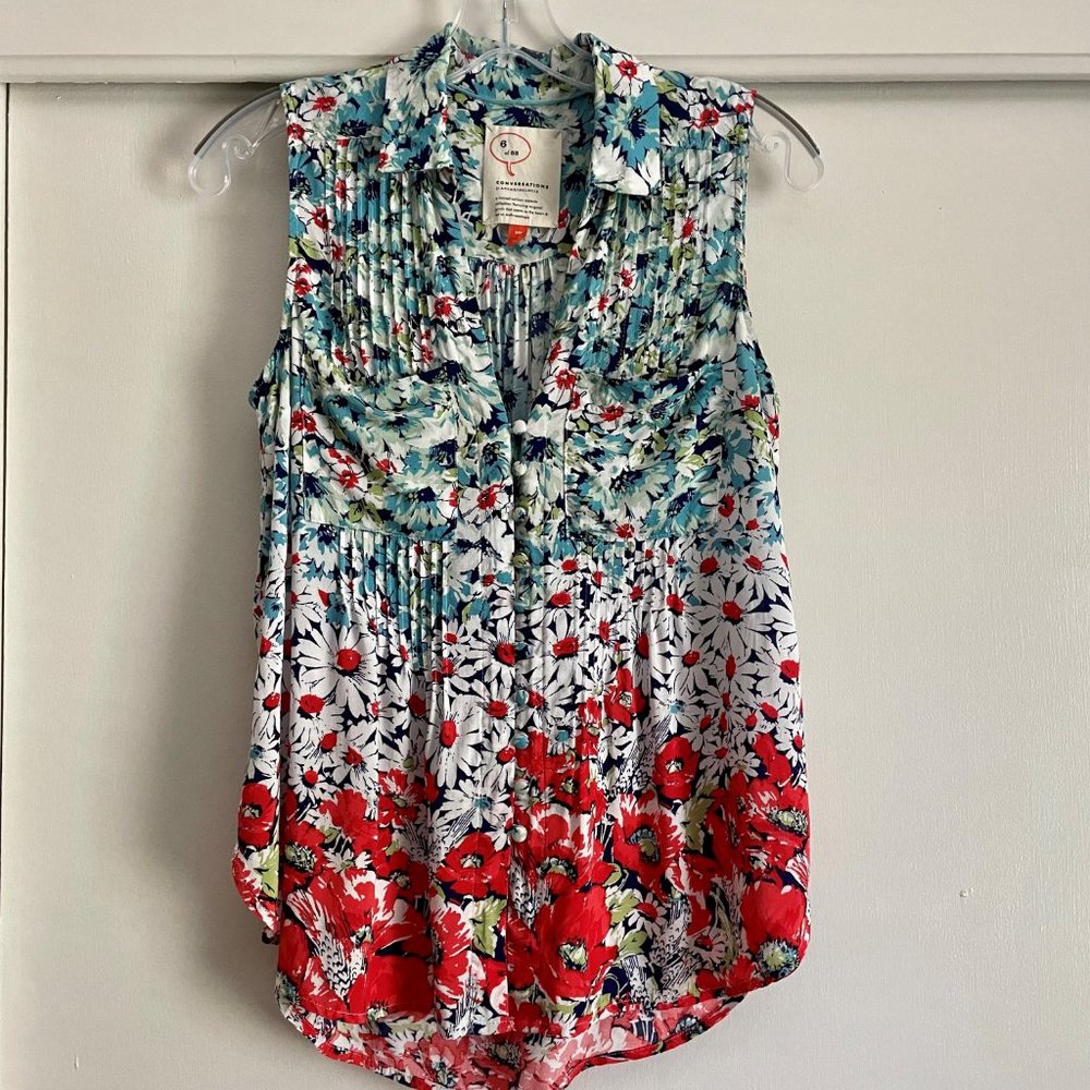 Anthropologie Conversations 6 of 52 Floral Daisies Blouse XSP Sleeveless Button